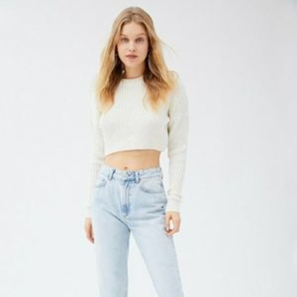 NEW Urban Outfitters Big Sur Cream Cropped Ribbed Long Sleeve Crew Sweater XS - Picture 2 of 7